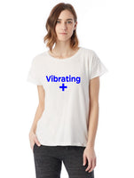 Vibrating + blue on white t-shirt
