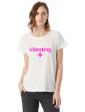 Vibrating + pink on white t-shirt
